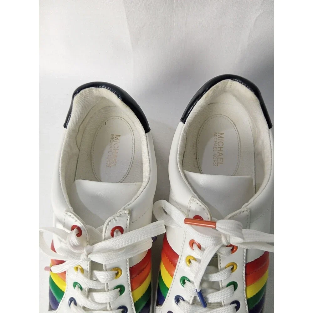 Michael Kors Poppy Lace Up Rainbow Sneakers White Pride Leather Size 7.5M